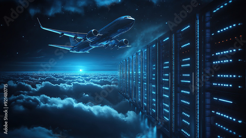 digital air flight background with airplane flying over dark blue digital clouds and computer server rack in data center