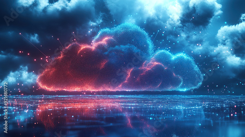 Digital technology cloud concept with glowing light particles and blue sky background