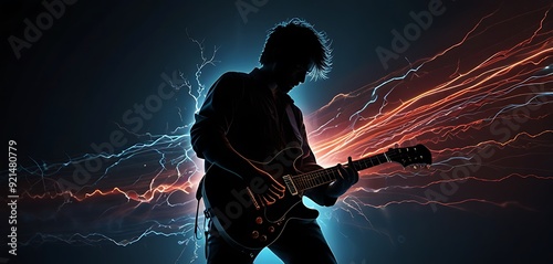 Guitarist with Electric Shock Silhouette of a guitarist strumming with electric shock waves pulsing out from the guitar. photo