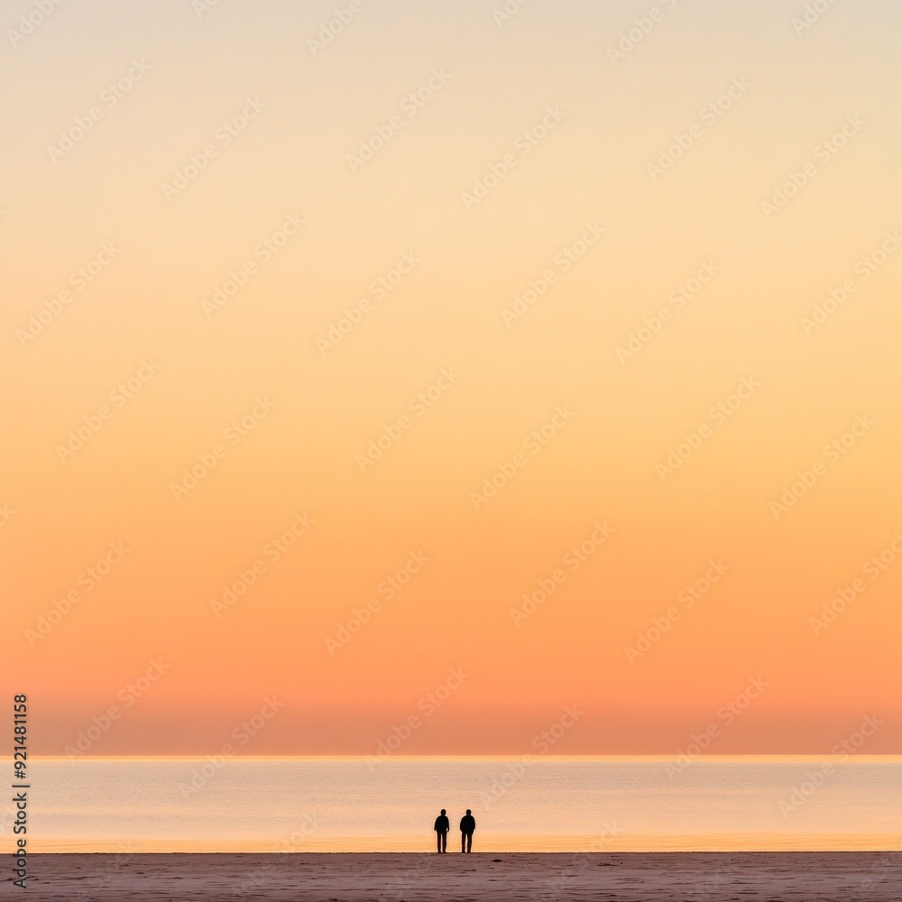 Two Silhouettes at Sunset: A minimalist shot of two figures standing on a beach against a breathtaking sunset, evoking a sense of tranquility and togetherness. The vastness of the sky and the smallnes Two Silhouettes at Sunset: A minimalist shot of two figures standing on a beach against a breathtaking sunset, evoking a sense of tranquility and togetherness. The vastness of the sky and the smallnes