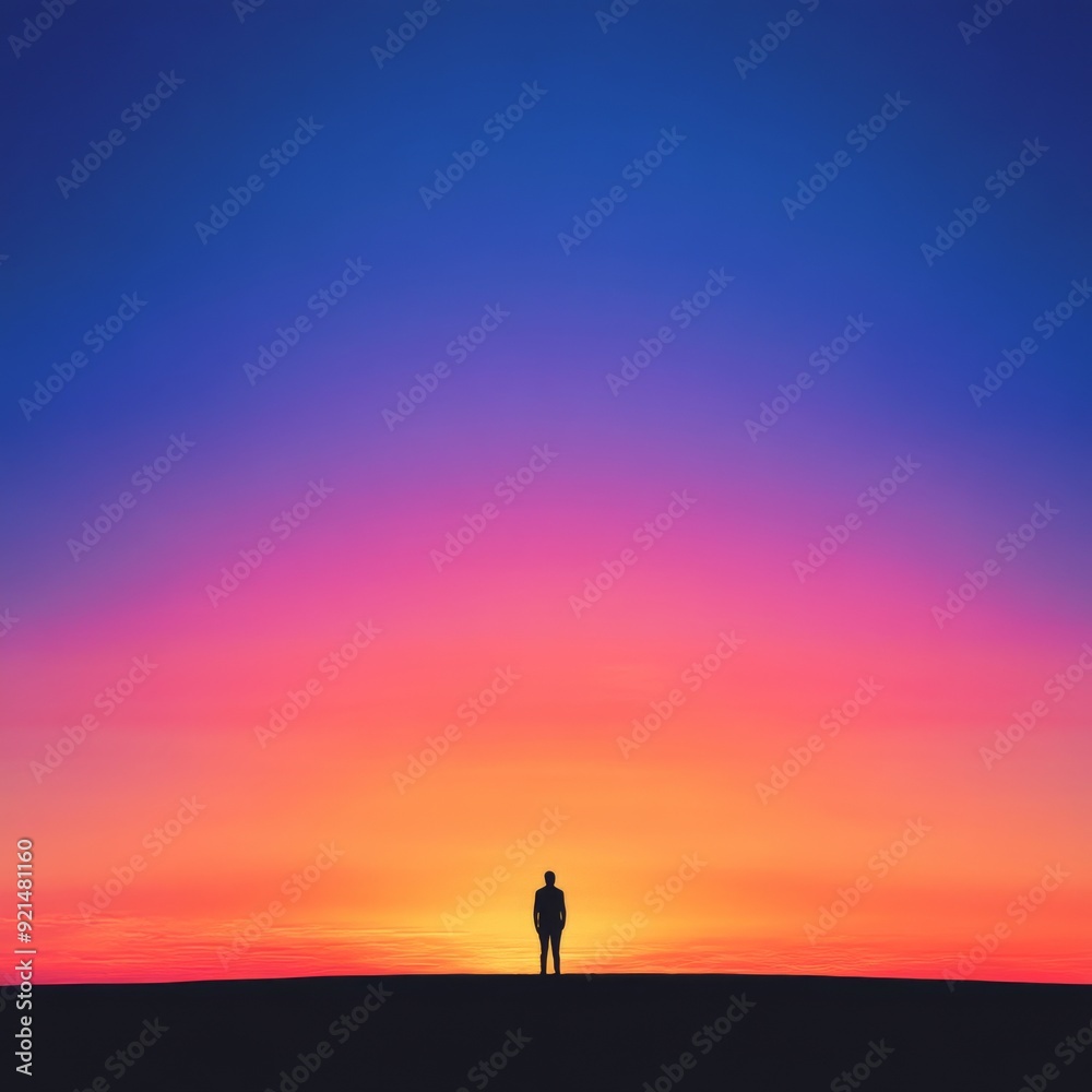 Silhouette of Solitude: A lone figure stands in silhouette against a vibrant, multi-colored sunset sky, creating a sense of peace and contemplation. Silhouette of Solitude: A lone figure stands in silhouette against a vibrant, multi-colored sunset sky, creating a sense of peace and contemplation.