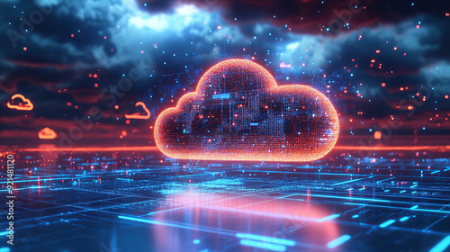 Digital technology cloud concept with glowing light particles and blue sky background
