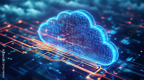 Digital technology cloud concept with glowing light particles and blue sky background