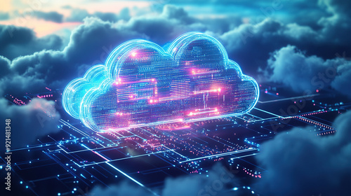 Digital technology cloud concept with glowing light particles and blue sky background