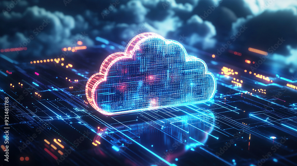 Digital technology cloud concept with glowing light particles and blue sky background Digital technology cloud concept with glowing light particles and blue sky background