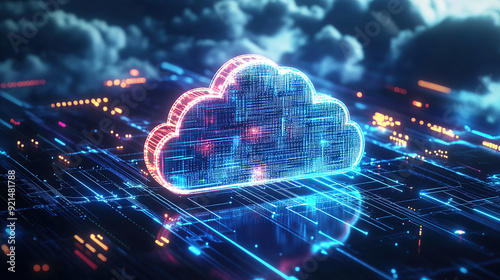 Digital technology cloud concept with glowing light particles and blue sky background