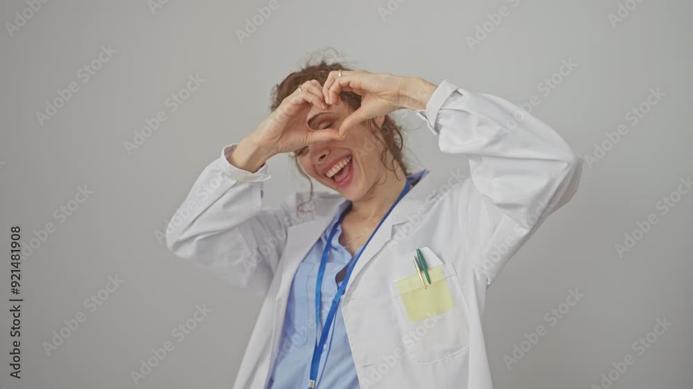 Heartwarming portrait of a happy young caucasian woman in a doctor's coat forming a loving heart symbol with her hands, a sweet gesture of romance against an isolated white background. Heartwarming portrait of a happy young caucasian woman in a doctor's coat forming a loving heart symbol with her hands, a sweet gesture of romance against an isolated white background.