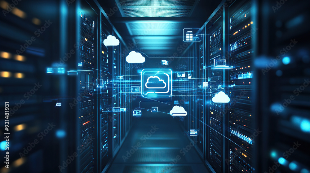 Fototapeta premium Digital illustration of cloud storage technology with icons and data connection in server room background