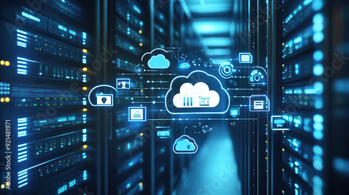 Digital illustration of cloud storage technology with icons and data connection in server room background
