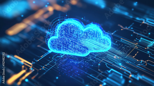 Digital technology cloud concept with glowing light particles and blue sky background