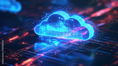 Digital technology cloud concept with glowing light particles and blue sky background