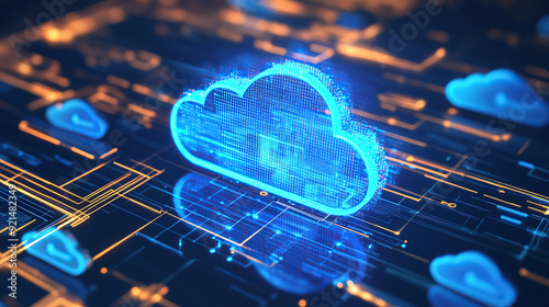 Digital technology cloud concept with glowing light particles and blue sky background