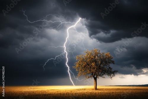 Tree in Field Struck by Lightning During a Storm photo