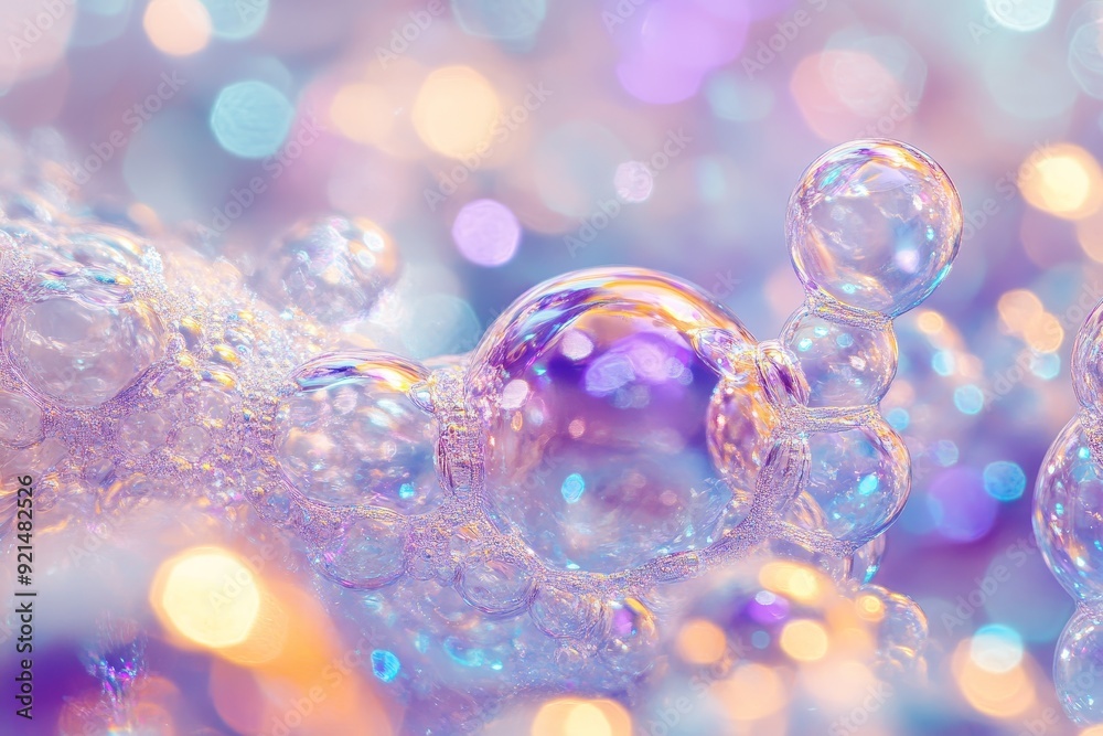 Colorful iridescent soap bubbles with soft bokeh