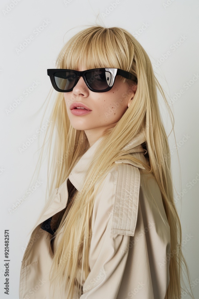 Trendy Woman in Black Sunglasses and a Beige Trench Coat. Generative AI. Trendy Woman in Black Sunglasses and a Beige Trench Coat. Generative AI.