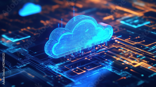 Digital technology cloud concept with glowing light particles and blue sky background