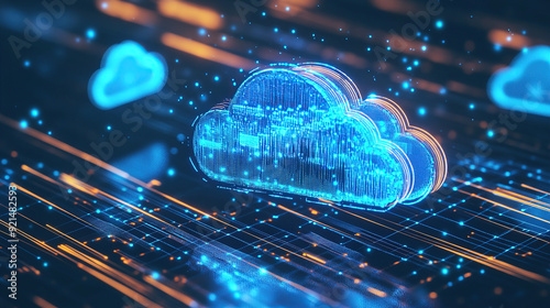 Digital technology cloud concept with glowing light particles and blue sky background