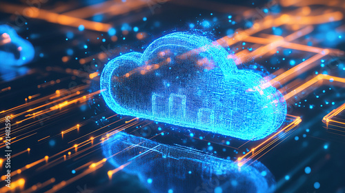 Digital technology cloud concept with glowing light particles and blue sky background