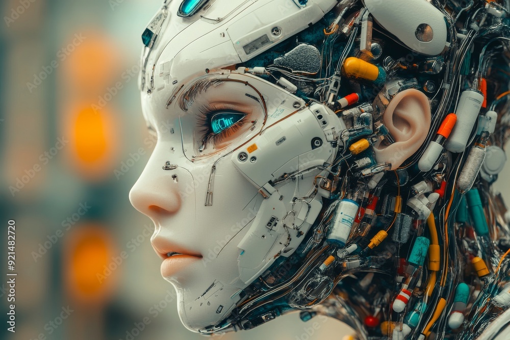 Close up of a humanoid robot with intricate facial details showcasing the blend of artistry and advanced technology Close up of a humanoid robot with intricate facial details showcasing the blend of artistry and advanced technology