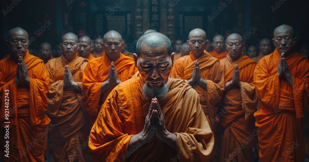 Serene practice - buddhism with buddhist monk meditating, highlighting peacefulness and spiritual depth of meditation, emphasizing importance of mindfulness, inner tranquility in buddhist tradition. Serene practice - buddhism with buddhist monk meditating, highlighting peacefulness and spiritual depth of meditation, emphasizing importance of mindfulness, inner tranquility in buddhist tradition.