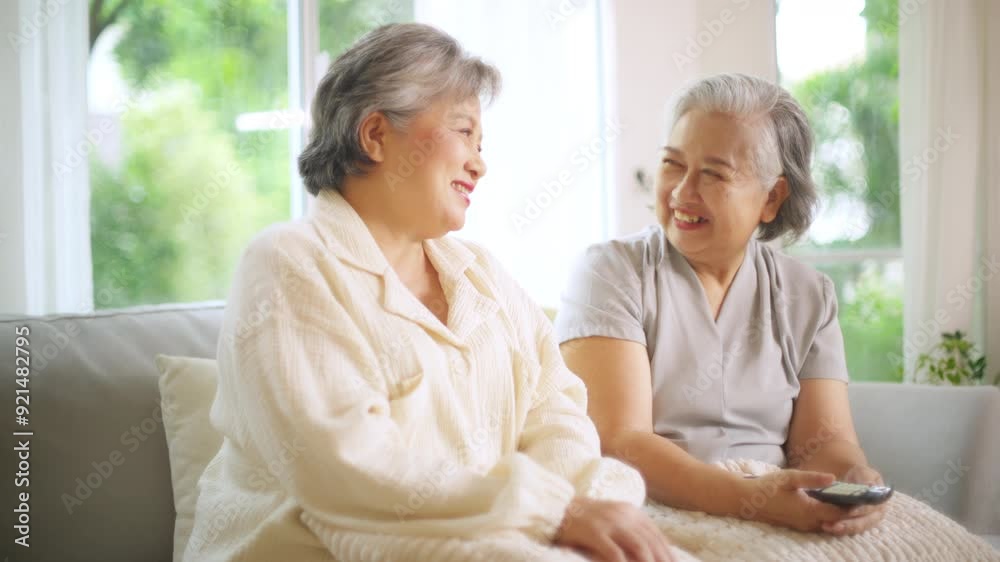 4K Happy Asian senior women friends watching movie on television with eating popcorn and talking together in living room. Elderly retired woman enjoy spending time together with home entertainment. 4K Happy Asian senior women friends watching movie on television with eating popcorn and talking together in living room. Elderly retired woman enjoy spending time together with home entertainment.