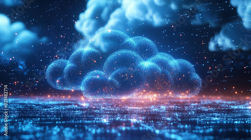 Digital technology cloud concept with glowing light particles and blue sky background