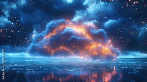 Digital technology cloud concept with glowing light particles and blue sky background