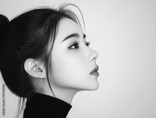 Elegant Half-Face Peek from White, Minimalist Chinese Woman with Ponytail, High Contrast Black and White Graphic Design Professional Photography