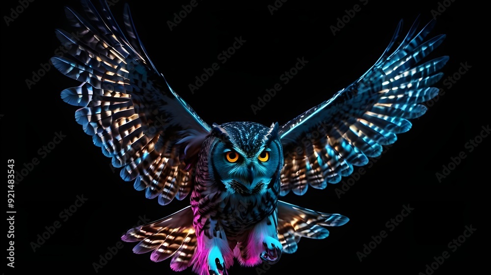 Flying Owl Animal Plexus Neon Black Background Digital Desktop ...