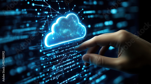 Hand touching digital cloud icon on screen,