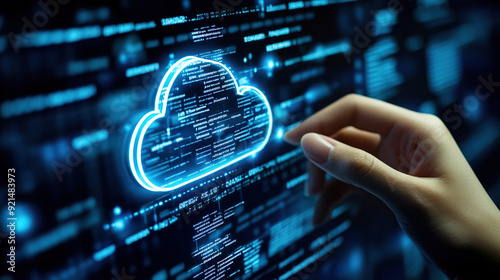 Hand touching digital cloud icon on screen,