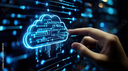 Hand touching digital cloud icon on screen,