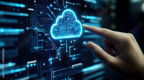 Hand touching digital cloud icon on screen,