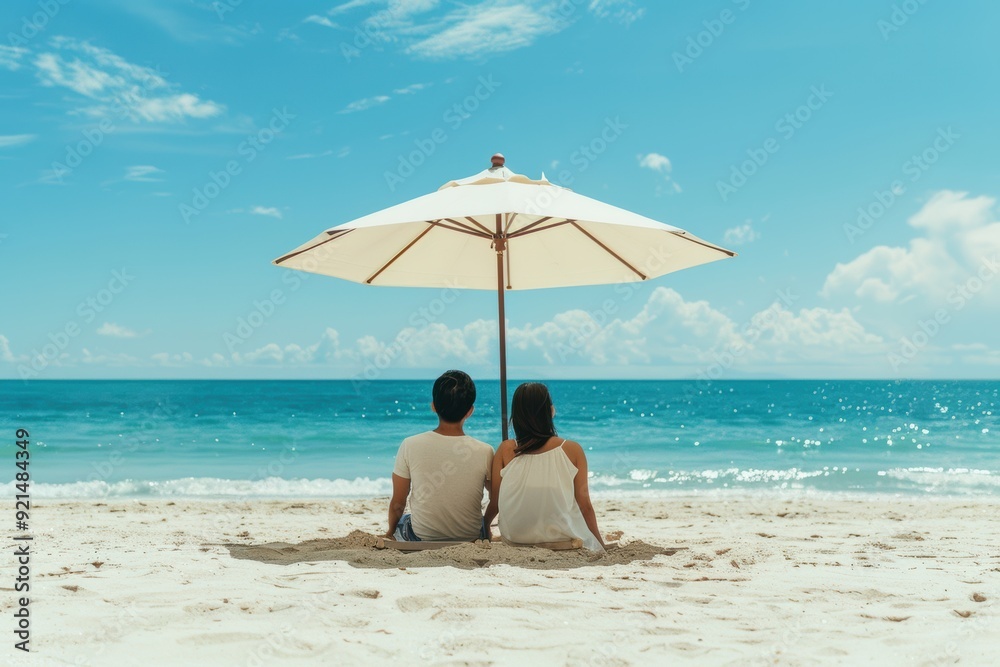 Couple Relaxing on Tropical Beach Under Umbrella. Couple Relaxing on Tropical Beach Under Umbrella.