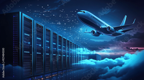 digital air flight background with airplane flying over dark blue digital clouds and computer server rack in data center