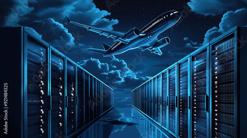 digital air flight background with airplane flying over dark blue digital clouds and computer server rack in data center