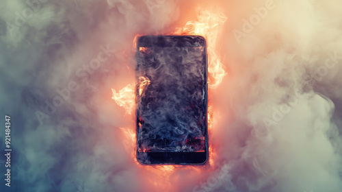 Mobile phone on fire. Burning smartphone
