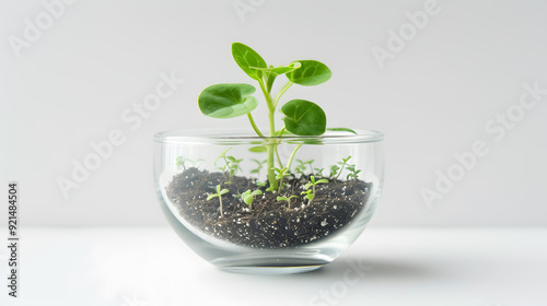 Plant Growing from Money: Plant growing from money in a circular glass shape.