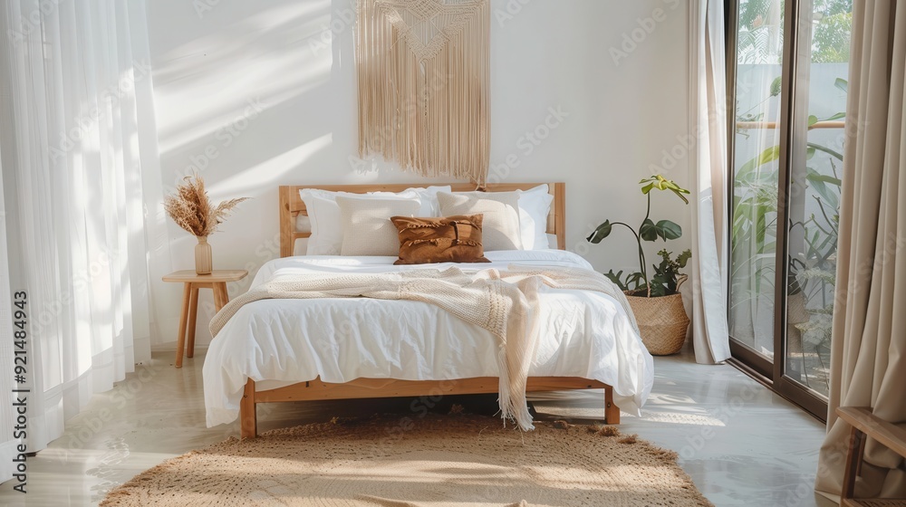 Cozy bedroom with natural light and bohemian decor. Cozy bedroom with natural light and bohemian decor.