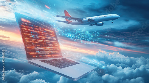 3D rendering of an airplane flying over a laptop with a digital data and cloud technology background concept