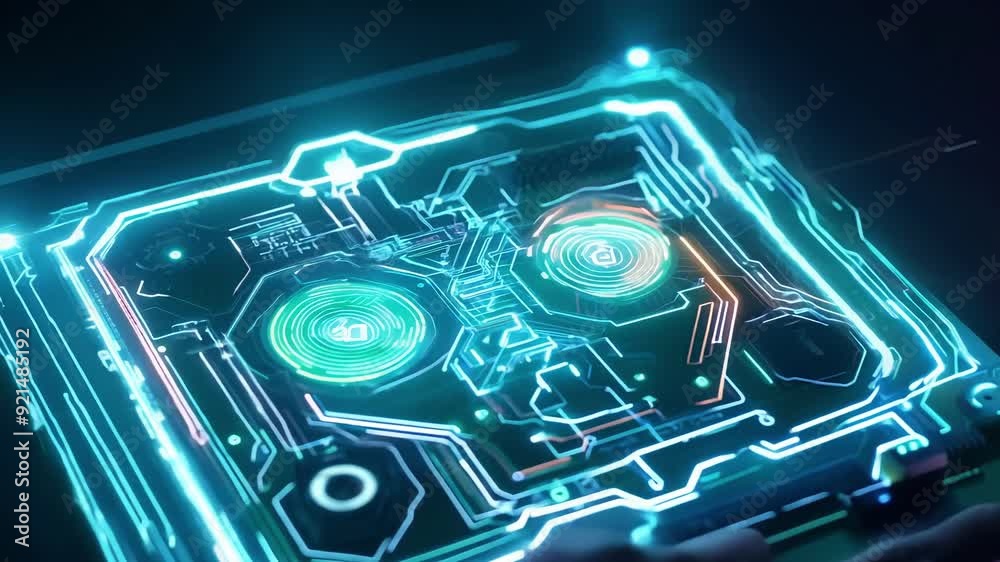 A detailed look at a glowing circuit board showcasing advanced technology within a dark backdrop. A detailed look at a glowing circuit board showcasing advanced technology within a dark backdrop.