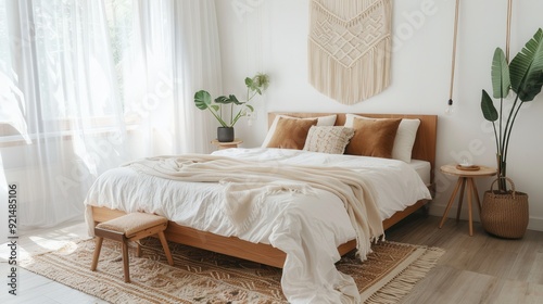 Cozy bedroom with white bedding and natural light - Boho style bedroom