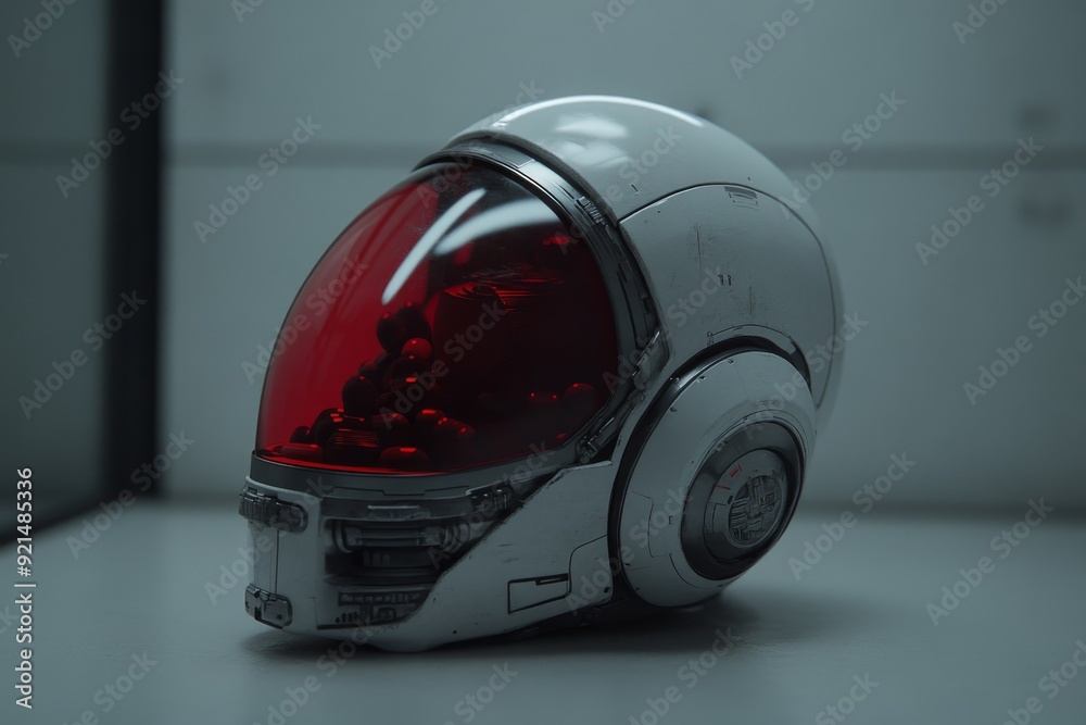 Fototapeta premium Robotic head wearing a futuristic helmet merging human protective gear with advanced robotics