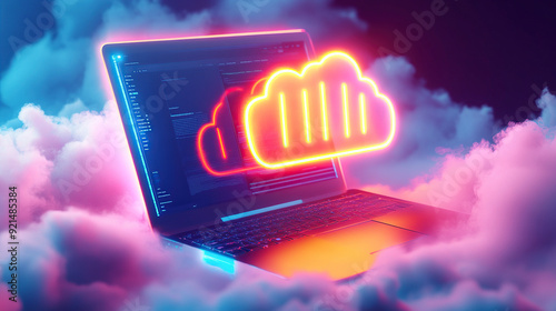 Laptop with neon cloud computing ICONS on the screen