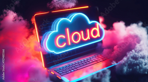 Laptop with neon cloud computing ICONS on the screen