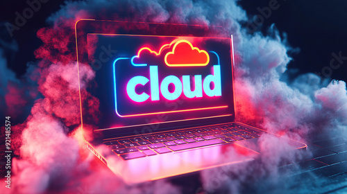 Laptop with neon cloud computing ICONS on the screen