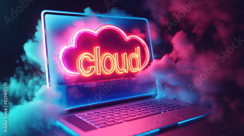 Laptop with neon cloud computing ICONS on the screen