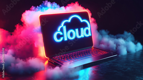 Laptop with neon cloud computing ICONS on the screen