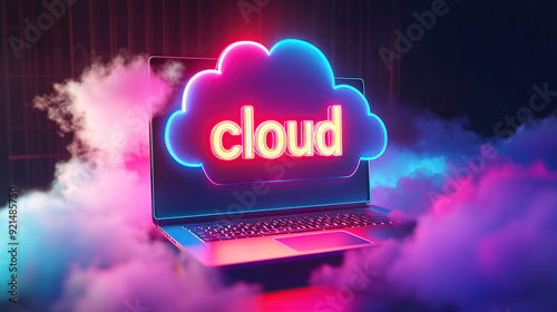 Laptop with neon cloud computing ICONS on the screen
