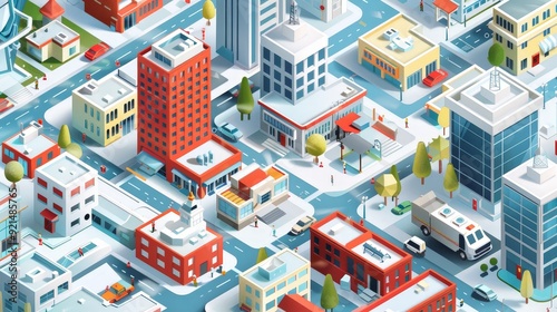 An isometric view of a city's disaster preparedness infrastructure with emergency services, shelters, and response plans, ensuring urban resilience.
